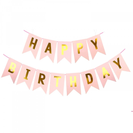 Articole petrecere - Banner Happy Birthday 100x200 cm, Flippy, Dimensiune Stegulet 11.5x16.5 cm, Rola de Ata Inclusa, Roz