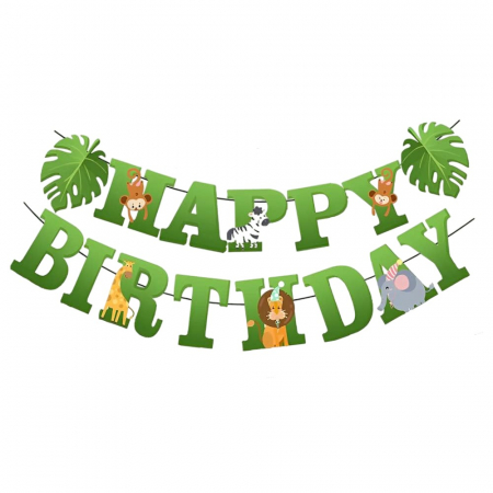 Articole petrecere - Banner Happy Birthday 100x200 cm, Flippy, Rola de Ata Inclusa, Tematica Jungle, Verde