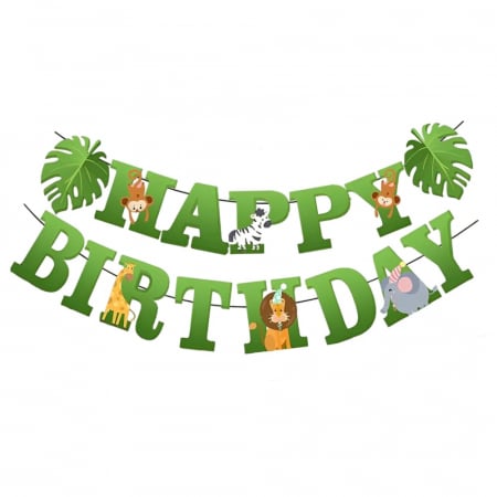 Articole petrecere - ! LICHIDARE DE STOC ! Banner Happy Birthday 100x200 cm, Flippy, Rola de Ata Inclusa, Tematica Jungle, Verde