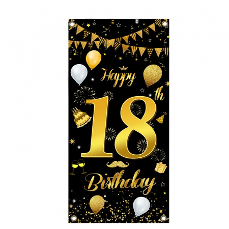 Sub 99 Lei - Lichidare Banner pentru Petrecere, Flippy, Model Happy Birthday, Tematica Majorat, Aniversare 18 Ani, 185x90 cm, Negru