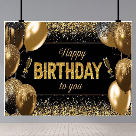 Banner Tip Fundal pentru Poze, Flippy, din Panza, 185 x 110 cm, Sfoara 6 m, Prindere in 4 Colturi, Happy Birthday to You, Negru/Auriu [3]