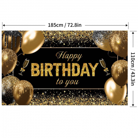 Banner Tip Fundal pentru Poze, Flippy, din Panza, 185 x 110 cm, Sfoara 6 m, Prindere in 4 Colturi, Happy Birthday to You, Negru/Auriu [4]