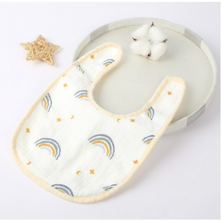 Jucarii, Copii & Bebe - Baveta in Forma de U, Flippy, din Bumbac, pentru Copii 0-12 Luni, Rezistenta la Apa, cu Capse, Model Curcubeu, 21x30 cm, Bej