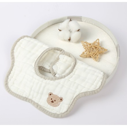 Sub 99 Lei - Baveta Tip Floare, Flippy, din Bumbac, pentru Copii 0-12 Luni, Rezistenta la apa, 8 Straturi, Model Tricotat cu Ursulet, 26 x 29 cm, Alb