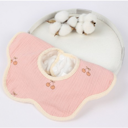 Sub 99 Lei - Baveta Tip Floare, Flippy, din Bumbac, pentru Copii 0-12 Luni, Rezistenta la apa, cu Capse, Model cu Cirese, 26 x 29 cm, Roz