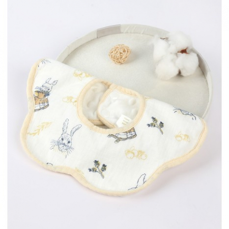 Jucarii, Copii & Bebe - Baveta Tip Floare, Flippy, din Bumbac, pentru Copii 0-12 Luni, Rezistenta la apa, cu Capse, Model cu Iepurasi, 26 x 29 cm, Alb
