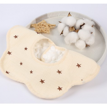Jucarii, Copii & Bebe - Baveta Tip Floare, Flippy, din Bumbac, pentru Copii 0-12 Luni, Rezistenta la apa, cu Capse, Model cu Stelute, 26 x 29 cm, Crem