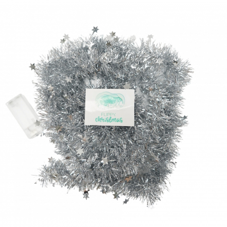 Decoratiuni, ornamente si articole Craciun - Beteala Craciun cu LED, Argintie, model cu stelute, 2 m x 5 cm, PVC, Sir, Artificiala, Flippy