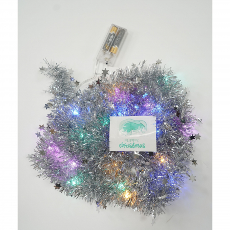 Beteala Craciun cu LED, Argintie, model cu stelute, 2 m x 5 cm, PVC, Sir, Artificiala, Flippy [3]