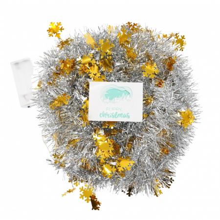 Decoratiuni, ornamente si articole Craciun - Beteala Craciun cu LED, Aurie, model cu fulgi de nea, 2 m x 5 cm, PVC, Sir, Artificiala, Flippy
