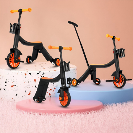 Bicicleta 8 in 1, Flippy, Transformabila, Multifunctionala, Reglare Inaltime, cu Maner de Impingere Detasabil, Tricicleta, Trotineta, 3 Roti, Pedale, Cosulet, 3-6 Ani, Portocaliu [2]