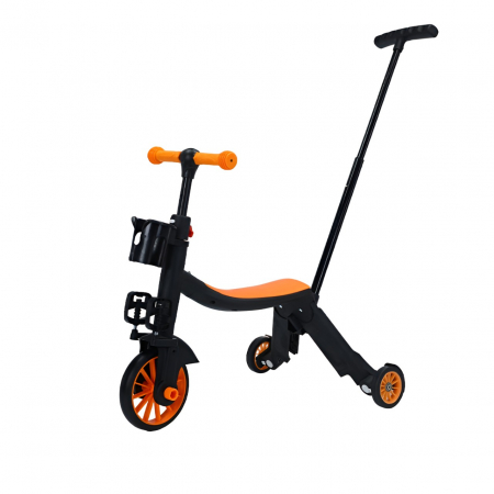 Biciclete, trotinete, triciclete - Bicicleta 8 in 1, Flippy, Transformabila, Multifunctionala, Reglare Inaltime, cu Maner de Impingere Detasabil, Tricicleta, Trotineta, 3 Roti, Pedale, Cosulet, 3-6 Ani, Portocaliu