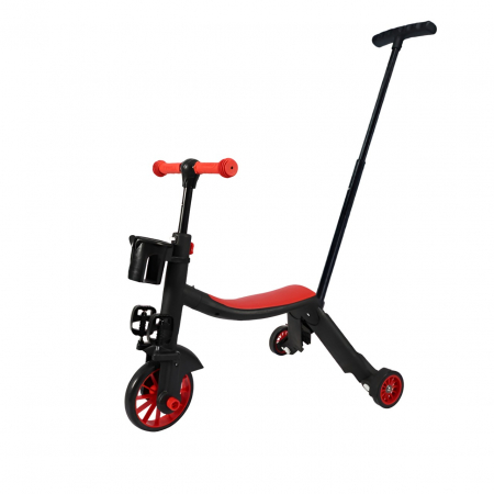 Biciclete, trotinete, triciclete - Bicicleta 8 in 1, Flippy, Transformabila, Multifunctionala, Reglare Inaltime, cu Maner de Impingere Detasabil, Tricicleta, Trotineta, 3 Roti, Pedale, Cosulet, 3-6 Ani, Rosu