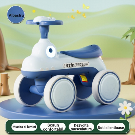 Jucarii, Copii & Bebe - Bicicleta Pentru Copii, Flippy, Fara Pedale, Cu Patru Roti, Din Plastic Rezistent, Fara BPA, Cu Muzica Si Lumini, Model Dinozaur, 50x27x40 Cm, Albastru