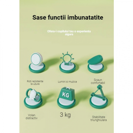 Bicicleta Pentru Copii, Flippy, Fara Pedale, Cu Patru Roti, Din Plastic Rezistent, Fara BPA, Cu Muzica Si Lumini, Model Dinozaur, 50x27x40 Cm, Galben-Mustar [2]