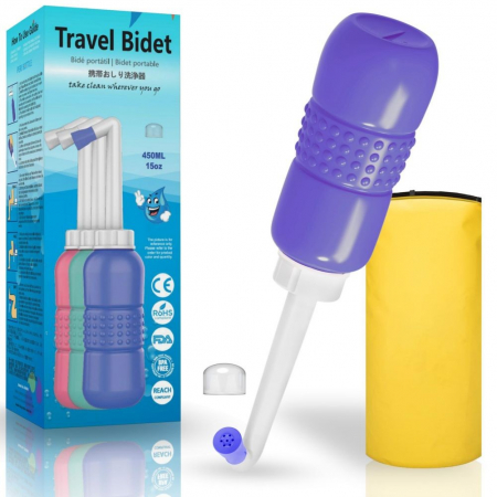 Jucarii, Copii & Bebe - Bideu Portabil pentru Igiena Intima, Flippy, pentru Postpartum/ Postoperator, 450 mL, cu Capac si Husa Galbena, 29.5x7 cm, Culoare Recipient Mov