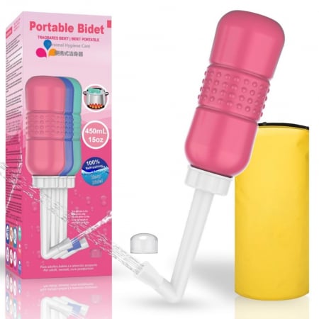 Cadite bebe si accesorii baie - Bideu Portabil pentru Igiena Intima, Flippy, pentru Postpartum/ Postoperator, 450 mL, cu Capac si Husa Galbena, 29.5x7 cm, Culoare Recipient Roz