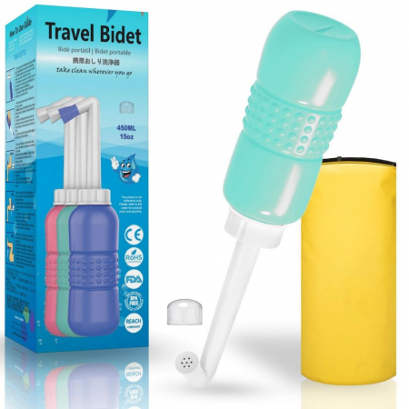 Jucarii, Copii & Bebe - Bideu Portabil pentru Igiena Intima, Flippy, pentru Postpartum/ Postoperator, 450 mL, cu Capac si Husa Galbena, 29.5x7 cm, Culoare Recipient Verde