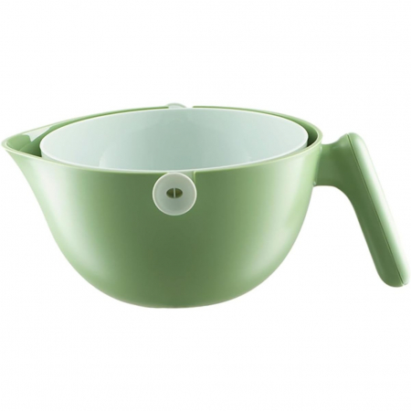 Pentru Casa si Camping - Bol cu Doua Straturi, Flippy, pentru Fructe, Legume, cu Cos de Scurgere a Apei, 2L, din ABS+PP, 29.9 x 22.5 x 11.8 cm, Verde-Alb