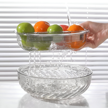 Bol cu Doua Straturi, Flippy, pentru Fructe, Legume, Snacks, cu Strat de Scurgere a Apei, Suport pentru Telefonul Mobil, 22.4x9 cm, Transparent [2]