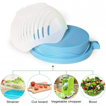Bol Feliator pentru Salata, Flippy, Castron Multifunctional pentru Legume si Fructe, pentru Spalat si Taiat Legumele, cu Scurgere si Tocator, Ergonomic, Protectie pentru Maini, 21x18.5x11.5 cm, Albast [5]