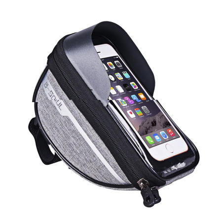 Biciclete, trotinete, triciclete - Borseta bicicleta impermeabila cu husa pentru telefon Flippy, montare pe ghidon, compatibila cu telefoane de pana la 16 cm, spatiu depozitare, 18.5x9.5 cm, gri