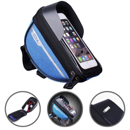Borseta bicicleta impermeabila cu husa pentru telefon Flippy, montare pe ghidon, compatibila cu telefoane de pana la 16 cm, spatiu depozitare, 18.5x9.5 cm, albastru [1]