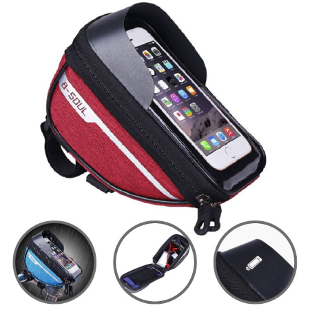 Borseta bicicleta impermeabila cu husa pentru telefon Flippy, montare pe ghidon, compatibila cu telefoane de pana la 16 cm, spatiu depozitare, 18.5x9.5 cm, rosu [1]