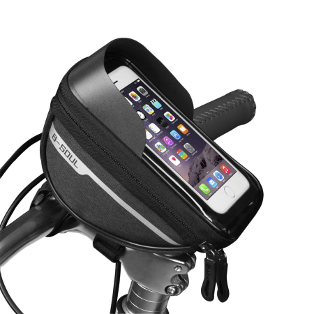 Borseta bicicleta impermeabila cu husa pentru telefon Flippy, montare pe ghidon, compatibila cu telefoane de pana la 16 cm, spatiu depozitare, 18.5x9.5 cm, negru [9]