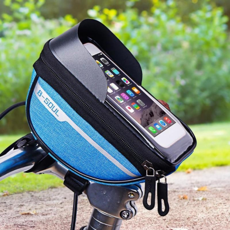 Borseta bicicleta impermeabila cu husa pentru telefon Flippy, montare pe ghidon, compatibila cu telefoane de pana la 16 cm, spatiu depozitare, 18.5x9.5 cm, albastru [3]
