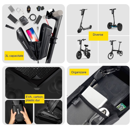 Borseta pentru bicicleta/trotineta Flippy, spatiu de depozitare, antisoc, waterproof, cu fermoar, 3L, material carbon si plastic dur, pentru trotineta electrica scuter, bicicleta, negru [5]