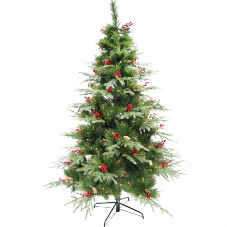 Decoratiuni, ornamente si articole Craciun - Brad artificial de Craciun Bogat Premium, decorat cu conuri pin rosii, inaltime 180 cm, 414 ramuri, Flippy, verde, suport metalic inclus