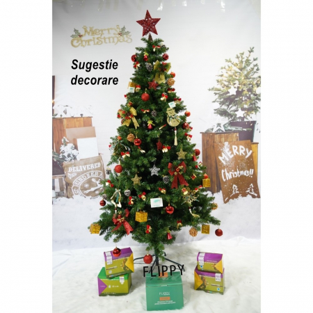 Brad artificial de Craciun, clasic, pentru interior/exterior, inaltime 210 cm, diametru 106 cm, 663 ramuri, Flippy, verde, suport metalic inclus [4]