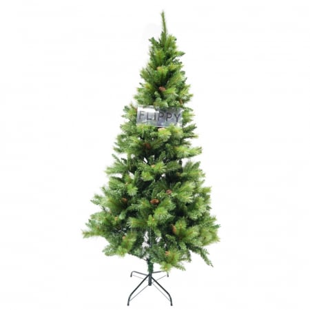 Decoratiuni, ornamente si articole Craciun - Brad artificial de Craciun, Decorat cu conuri de pin, pentru interior/exterior, inaltime 180 cm, 659 ramuri, Flippy, verde, suport metalic inclus