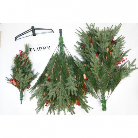 Brad artificial de Craciun, decorat cu conuri pin rosii, pentru interior/exterior, inaltime 150 cm, diametru 104 cm, 323 ramuri, Flippy, verde, suport metalic inclus [1]