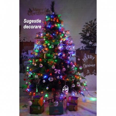 Brad artificial de Craciun, decorat cu conuri pin rosii, pentru interior/exterior, inaltime 150 cm, diametru 104 cm, 323 ramuri, Flippy, verde, suport metalic inclus [4]