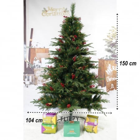 Decoratiuni, ornamente si articole Craciun - Brad artificial de Craciun, decorat cu conuri pin rosii, pentru interior/exterior, inaltime 150 cm, diametru 104 cm, 323 ramuri, Flippy, verde, suport metalic inclus