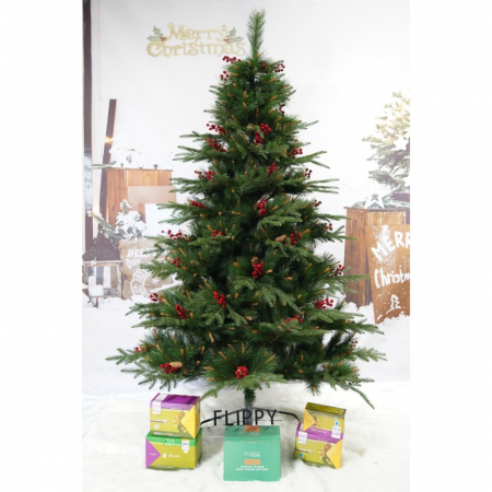 Brad artificial de Craciun, decorat cu conuri pin rosii, pentru interior/exterior, inaltime 210 cm, diametru 142 cm, 767 ramuri, Flippy, verde, suport metalic inclus [4]