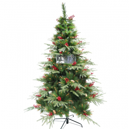 Decoratiuni, ornamente si articole Craciun - Brad artificial de Craciun, decorat cu conuri pin rosii, pentru interior/exterior, inaltime 210 cm, diametru 142 cm, 767 ramuri, Flippy, verde, suport metalic inclus