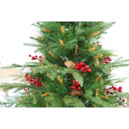 Brad artificial de Craciun, decorat cu conuri pin rosii, pentru interior/exterior, inaltime 210 cm, diametru 142 cm, 767 ramuri, Flippy, verde, suport metalic inclus [5]