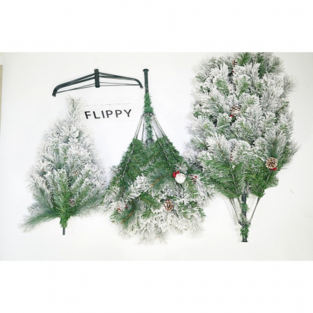 Brad artificial de Craciun nins, decorat cu conuri pin, pentru interior/exterior, inaltime 210 cm, diametru 131 cm, 630 ramuri, Flippy, alb/verde, suport metalic inclus [1]