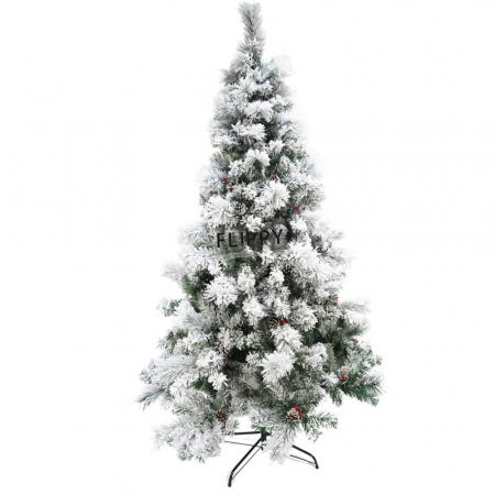 Brad artificial de Craciun nins, decorat cu conuri pin, pentru interior/exterior, inaltime 210 cm, diametru 131 cm, 630 ramuri, Flippy, alb/verde, suport metalic inclus [0]