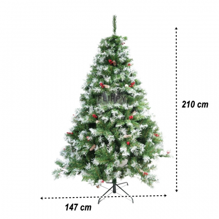 Brad artificial de Craciun nins, decorat cu conuri pin, pentru interior/exterior, inaltime 210 cm, diametru 147 cm, 1150 ramuri, Flippy, verde, suport metalic inclus [4]