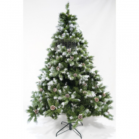 Brad artificial de Craciun nins, decorat cu conuri pin, pentru perete/colt, inaltime 210 cm, diametru 149 cm, 1224 ramuri, Flippy, verde, suport metalic inclus [2]