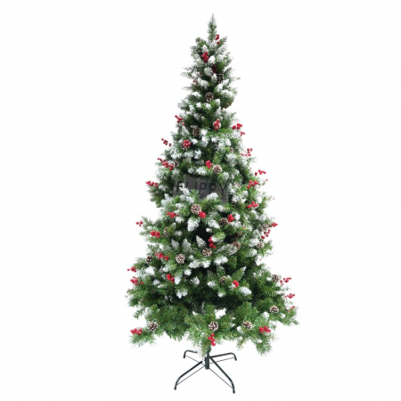 Brazi de Craciun - Lichidare Brad artificial de Craciun nins, decorat cu conuri pin rosii, inaltime 150 cm, diametru 83 cm, 319 ramuri, Flippy, verde, suport metalic inclus