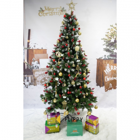 Brad artificial de Craciun nins, decorat cu conuri pin rosii, inaltime 180 cm, diametru 95 cm, 319 ramuri, Flippy, verde, suport metalic inclus [4]