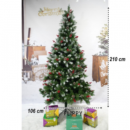 Brad artificial de Craciun nins, decorat cu conuri pin rosii, inaltime 210 cm, diametru 106 cm, 643 ramuri, Flippy, verde, suport metalic inclus [3]