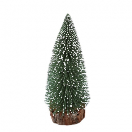 Pentru Casa si Camping - Brad artificial de craciun, ornament pentru masa, pe suport lemn, 10 cm inaltime, Verde inzapezit