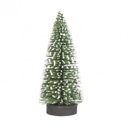 Decoratiuni, ornamente si articole Craciun - Brad artificial de craciun, ornament pentru masa, pe suport lemn, 15 cm inaltime, Verde inzapezit