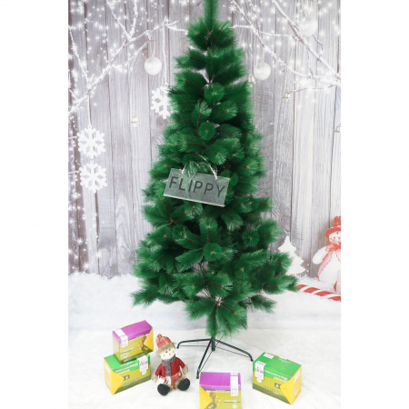 Brad artificial de Craciun tip pin, inaltime 210 cm, diametru 115 cm, 350 ramuri cu ace 3D 12 cm, Flippy, verde, suport metalic inclus [1]